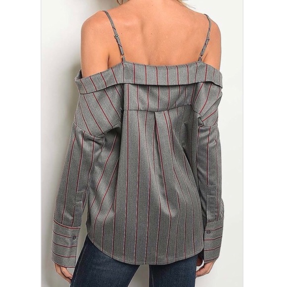 Long Sleeve Off Shoulder Button Down Top - Picture 2 of 5